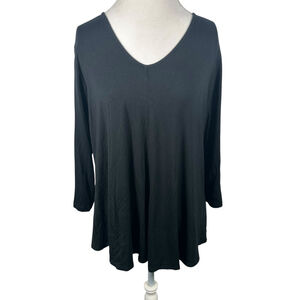 Comfy USA Black Tunic Top Hi Low Hem V-Neck Lagenlook Chic Flattering Size XL